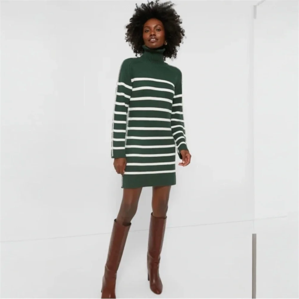 Tuckernuck Hyacinth House Striped Emsley Mini Sweater Dress Pine Green White XXL